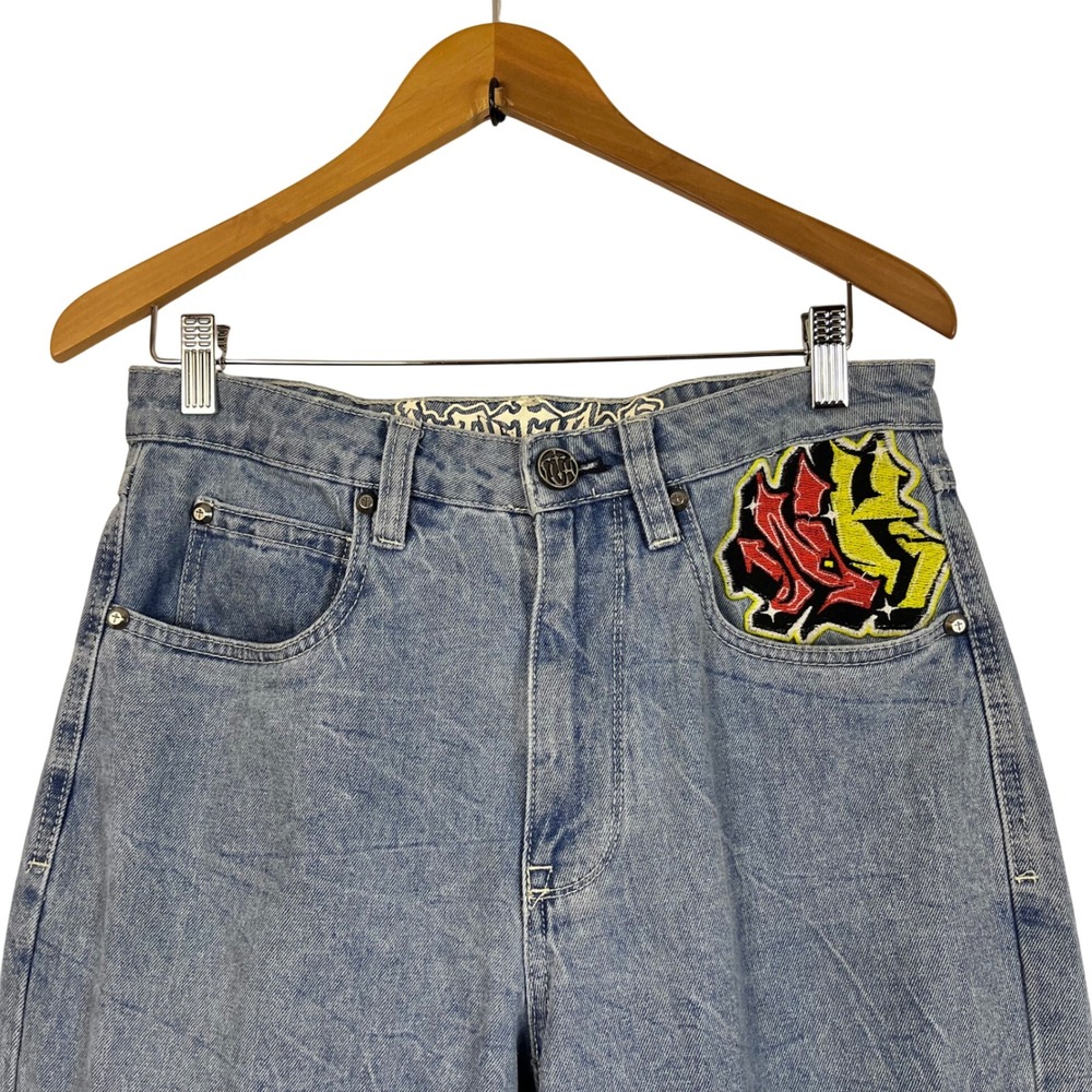 Ambush Embroidered Dragon Graffiti Baggy Jeans Blue Acid Wash Size‎ 30 (P740) - Picture 2 of 9